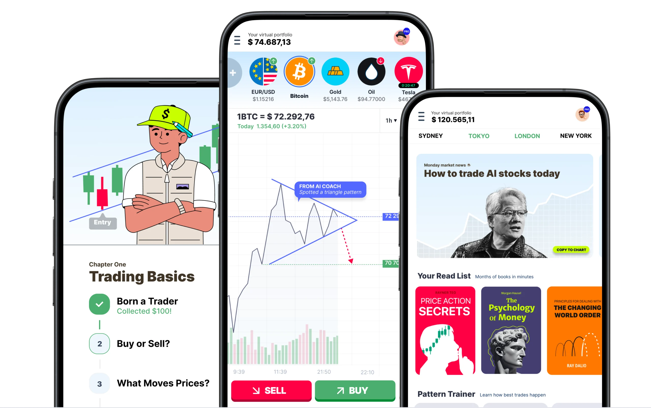 Gruenfin trading app screens on three smartphones
